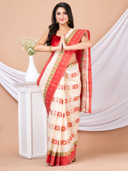 Off white & Red pure cotton woven design taant saree