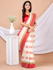 Off white & Red pure cotton woven design taant saree