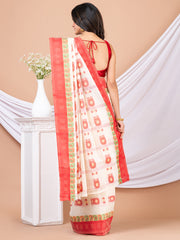 Off white & Red pure cotton woven design taant saree