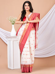 White & Red Floral woven design pure cotton taant saree