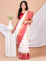 White & Red Floral woven design pure cotton taant saree