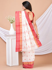 White & Red Floral woven design pure cotton taant saree