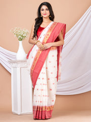 White & Red Floral woven design pure cotton taant saree