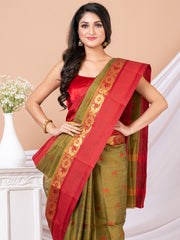 Laa Calcutta Olive Green & Red Bengal Taant