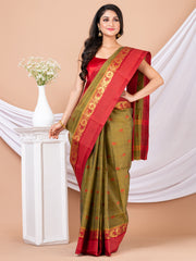Laa Calcutta Olive Green & Red Bengal Taant