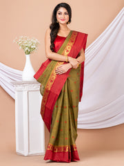 Olive green & Maroon Floral woven design pure coton taant saree
