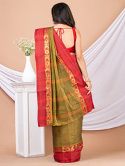 Laa Calcutta Olive Green & Red Bengal Taant