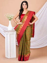 Olive green & Maroon Floral woven design pure coton taant saree