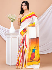 White & Multi Hand painted Kerala cotton saree
