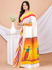 White & Multi Hand painted Kerala cotton saree