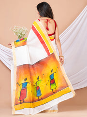 White & Multi Hand painted Kerala cotton saree