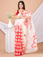 White & Red Hand painted Resham kota saree