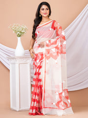 White & Red Hand painted Resham kota saree