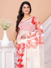 White & Red Hand painted Resham kota saree