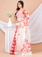 White & Red Hand painted Resham kota saree