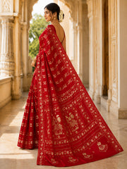 Laa Calcutta Red & White hand-stitch embroidary silk blend kantha stitch saree