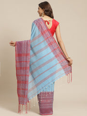 Sky Blue & Red handloom saree