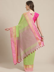 Laa Calcutta Green & Pink  cotton Handloom  saree