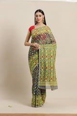 GREEN & GOLDEN HANDLOOM Hand Woven Silk Tant Jamdani Saree