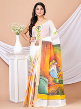 White & Multi Hand painted Kerala cotton saree