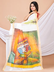 White & Multi Hand painted Kerala cotton saree