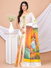 White & Multi Hand painted Kerala cotton saree
