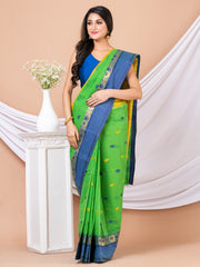Green & Multi Floral woven design pure cotton taant saree