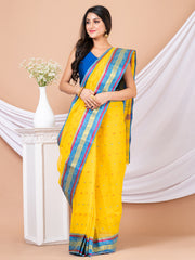 Yellow & Blue Ethnic Motifs pure cotton taant saree