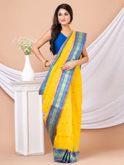 Yellow & Blue Ethnic Motifs pure cotton taant saree