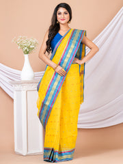 Yellow & Blue Ethnic Motifs pure cotton taant saree