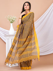 Yellow & Blue cotton checked handloom saree