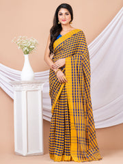 Yellow & Blue cotton checked handloom saree