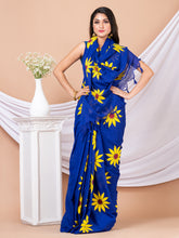 Blue & Yellow Pure cotton Sunflower design Handloom Saree