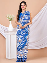 White & Blue Pure cotton printed Handloom Saree