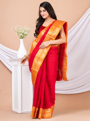 Red & Orange Floral woven design pure cotton taant saree