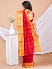 Red & Orange Floral woven design pure cotton taant saree