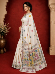 Laa Calcutta White & Multi hand-stitch embroidary silk blend kantha stitch saree