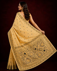 Laa Calcutta Beige & Black thread work art silk Embroidered katha stitch saree