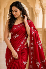 Laa Calcutta Red & White hand-stitch embroidary silk blend kantha stitch saree