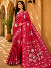 Laa Calcutta Pink & White hand-stitch embroidary silk blend kantha stitch saree