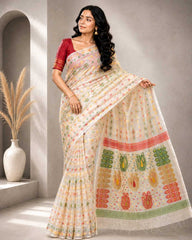 Laa Calcutta White & Multi cotton blend jamdani saree