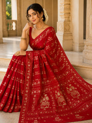 Laa Calcutta Red & White hand-stitch embroidary silk blend kantha stitch saree