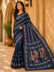 Laa Calcutta Navy Blue & Multi hand-stitch embroidary silk blend kantha stitch saree