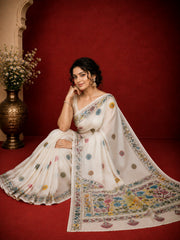 Laa Calcutta White & Multi hand-stitch embroidary silk blend kantha stitch saree