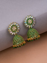 Golden & Green Minakari dome shaped jhumkas.