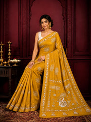 Laa Calcutta Yellow & White hand-stitch embroidary silk blend kantha stitch saree