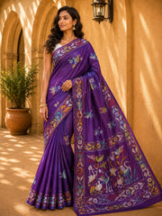 Laa Calcutta Purple & Multi hand-stitch embroidary silk blend kantha stitch saree