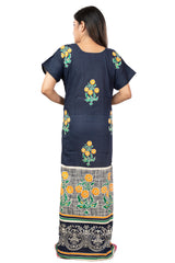 Navy Blue & Yellow pure cotton floral nighty