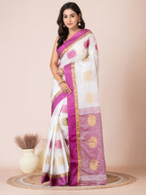 White & Purple silk floral design zari work Tussar saree