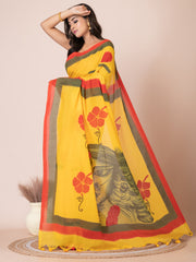 Yellow & Multi pure cotton hand painted saree